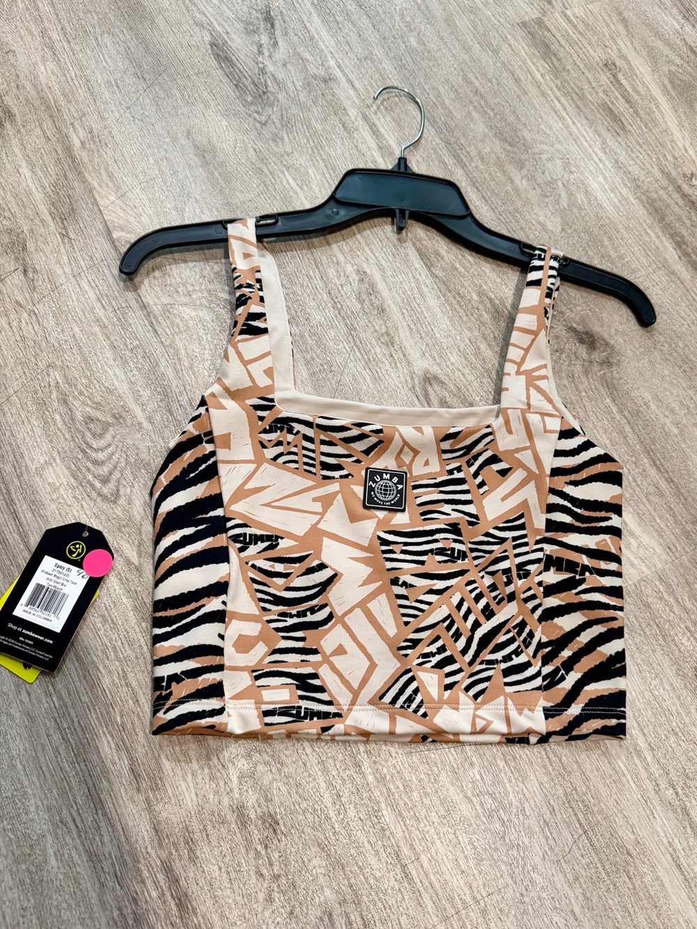 Zumba Zebra Animal-Print Crop Tank Top - Beige/Black Small